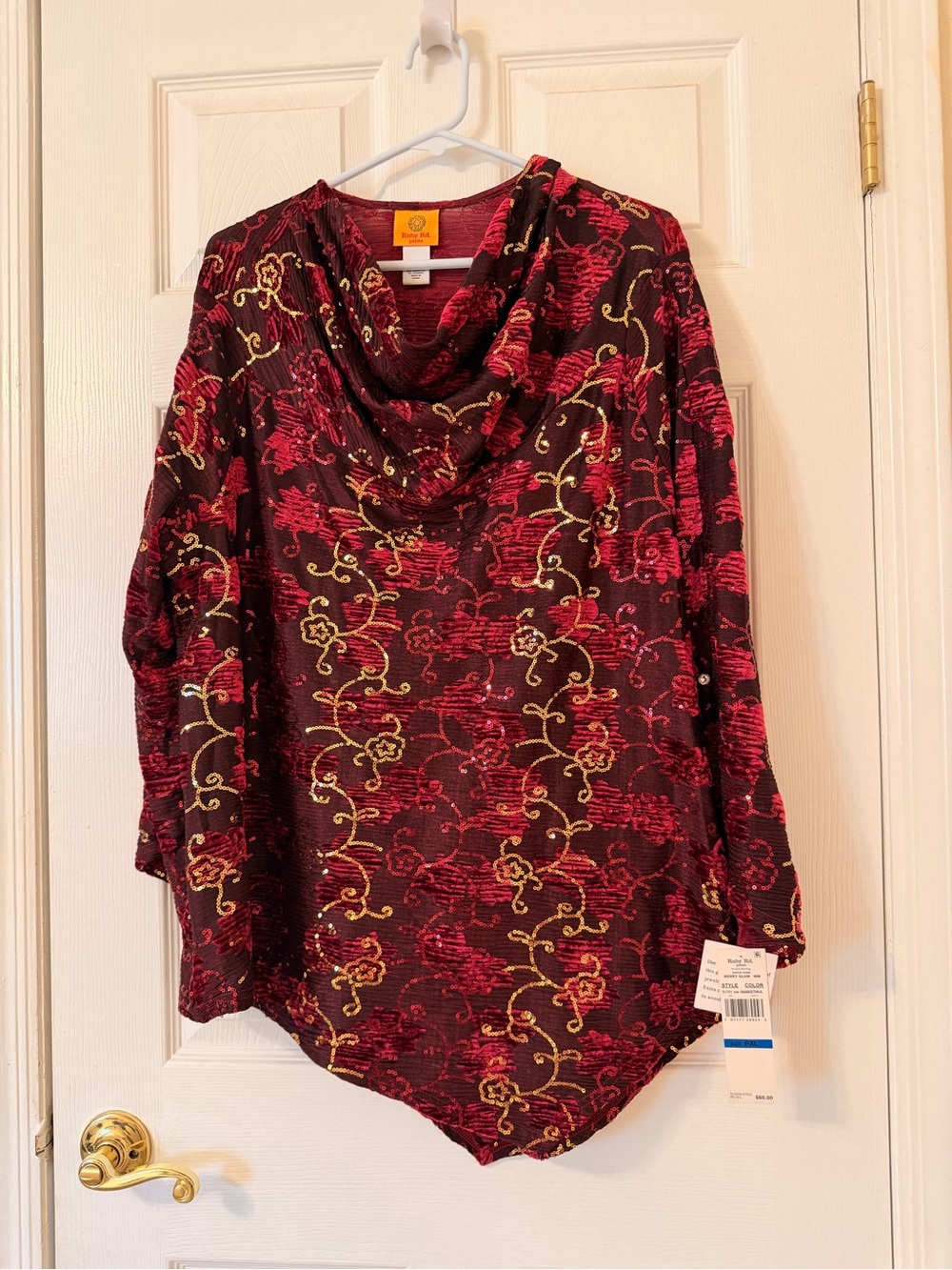 Ruby Rd. Burgundy Floral Cowl Neck Top with Velvet & Gold Sequins Accents NWT
